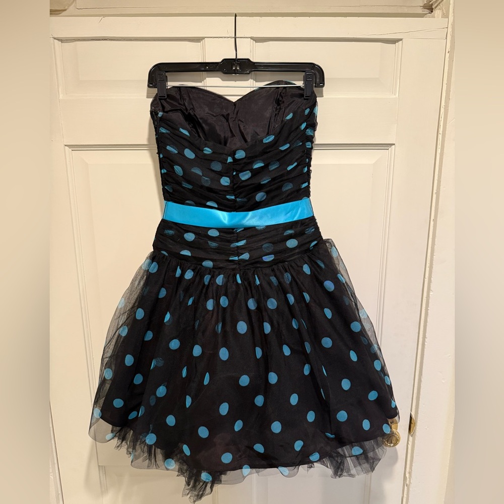 Jessica McClintock EUC Amazing Blue Polka Dot Black Tulle Cocktail Party Dress - Picture 7 of 10